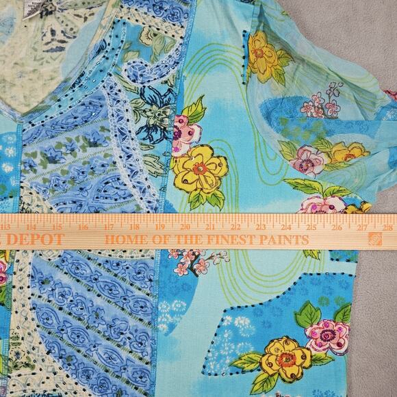 Ulla Popken Top Womens 20/22 Blue Art To Wear Beaded Patchwork Beachy Preppy - Picture 10 of 13